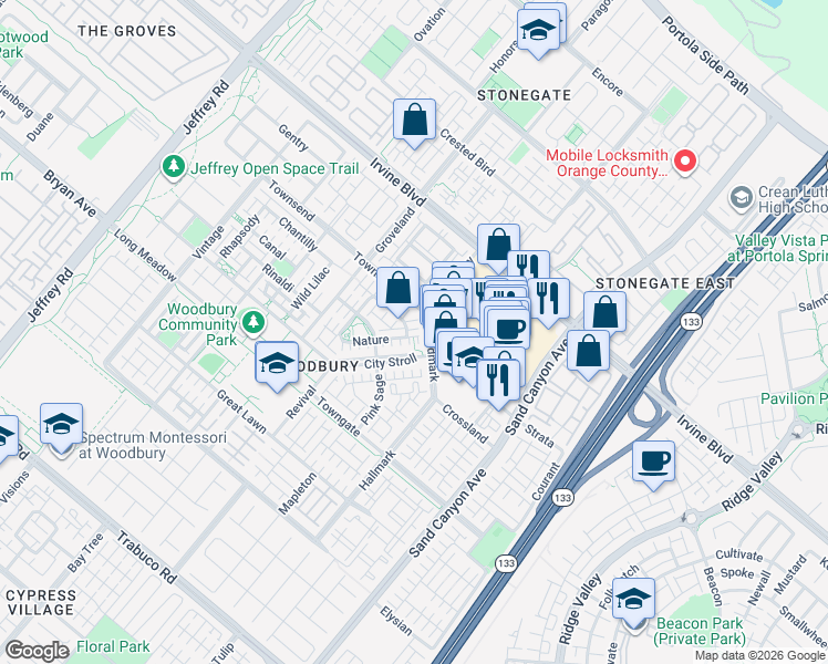 map of restaurants, bars, coffee shops, grocery stores, and more near 103 Nature in Irvine