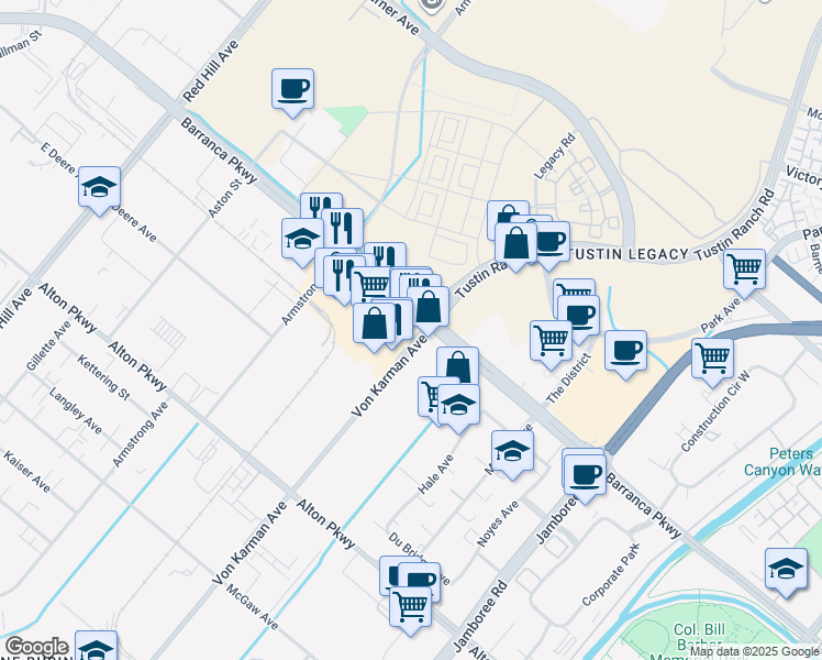 map of restaurants, bars, coffee shops, grocery stores, and more near 16567 Von Karman Avenue in Irvine