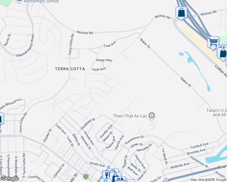 map of restaurants, bars, coffee shops, grocery stores, and more near 1056 Sardinia Drive in Lake Elsinore