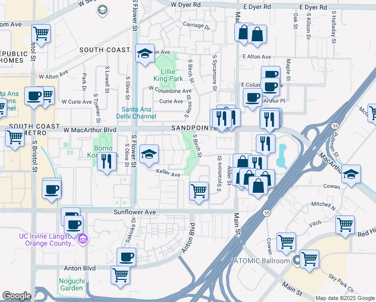 map of restaurants, bars, coffee shops, grocery stores, and more near 3701 South Ross Street in Santa Ana