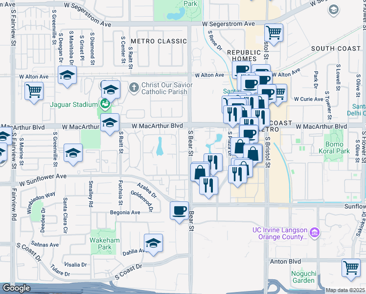 map of restaurants, bars, coffee shops, grocery stores, and more near 3680 South Bear Street in Santa Ana