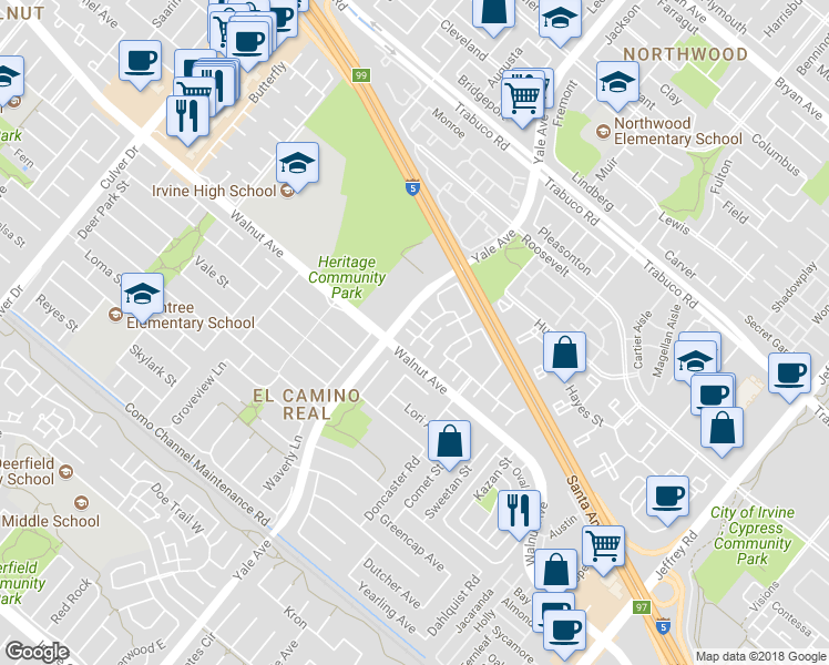 map of restaurants, bars, coffee shops, grocery stores, and more near 20 Sacramento in Irvine