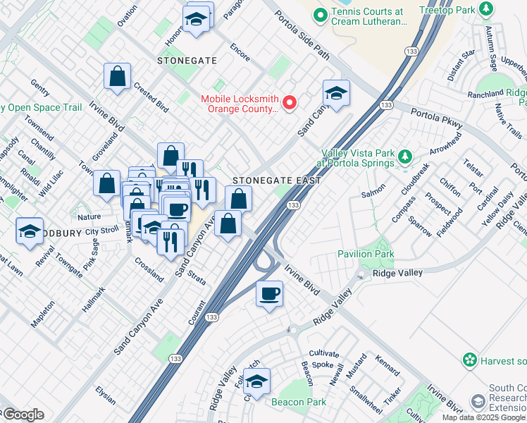 map of restaurants, bars, coffee shops, grocery stores, and more near 24 Coralwood in Irvine