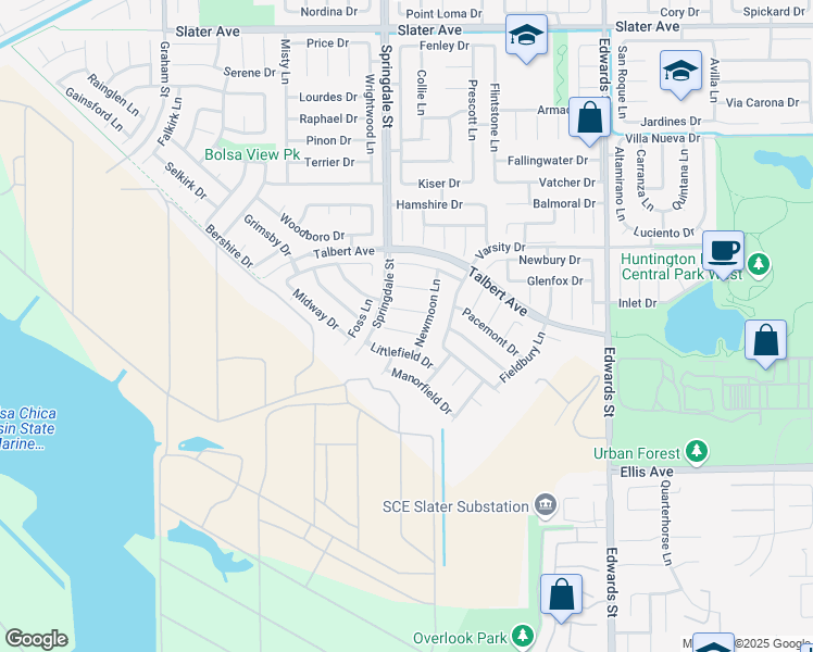 map of restaurants, bars, coffee shops, grocery stores, and more near 6031 Kenwick Circle in Huntington Beach