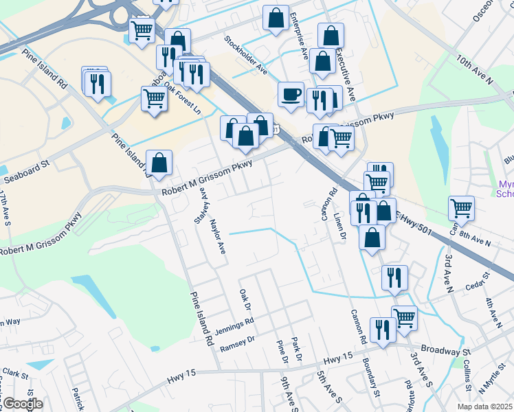 map of restaurants, bars, coffee shops, grocery stores, and more near 215 Neighbor Lane in Myrtle Beach