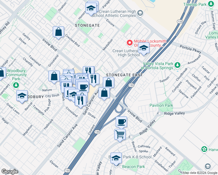map of restaurants, bars, coffee shops, grocery stores, and more near 33 Bromeliad in Irvine