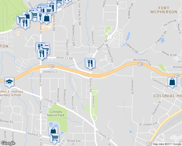 map of restaurants, bars, coffee shops, grocery stores, and more near Stanton Road & Alison Court in Atlanta