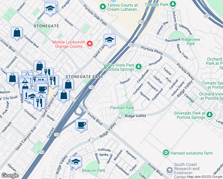 map of restaurants, bars, coffee shops, grocery stores, and more near 163 Allium in Irvine