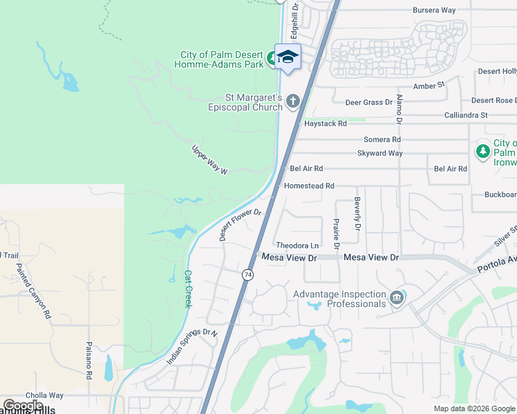 map of restaurants, bars, coffee shops, grocery stores, and more near 72500 Desert Flower Drive in Palm Desert