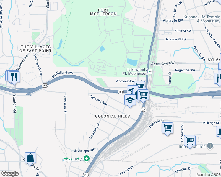 map of restaurants, bars, coffee shops, grocery stores, and more near 1398 McClelland Avenue in East Point