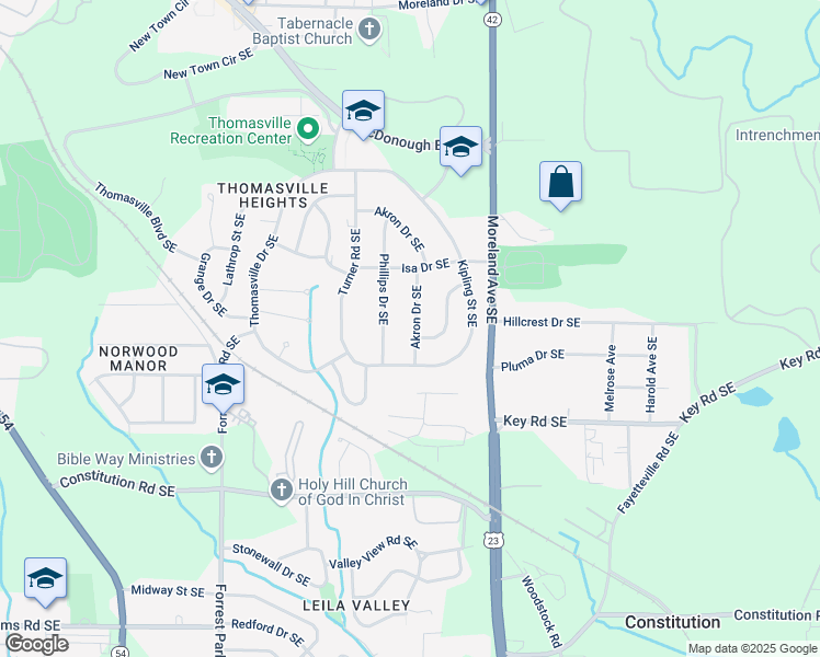 map of restaurants, bars, coffee shops, grocery stores, and more near 2017 Akron Drive Southeast in Atlanta