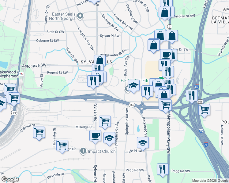 map of restaurants, bars, coffee shops, grocery stores, and more near 2066 Perkerson Road Southwest in Atlanta