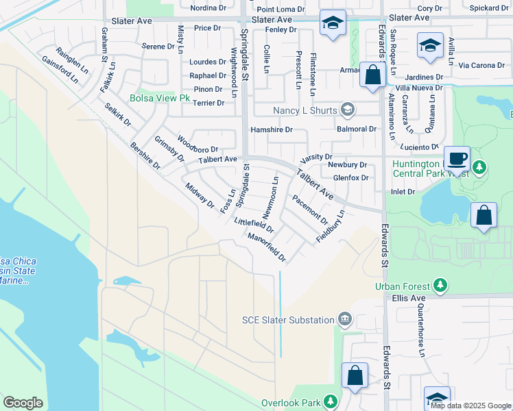 map of restaurants, bars, coffee shops, grocery stores, and more near 6031 Kenwick Circle in Huntington Beach