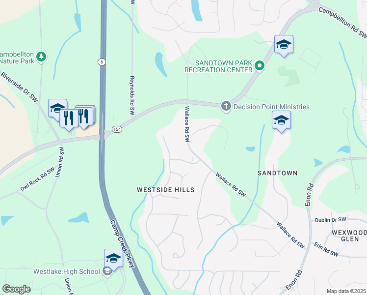map of restaurants, bars, coffee shops, grocery stores, and more near 2055 Wallace Road Southwest in Atlanta