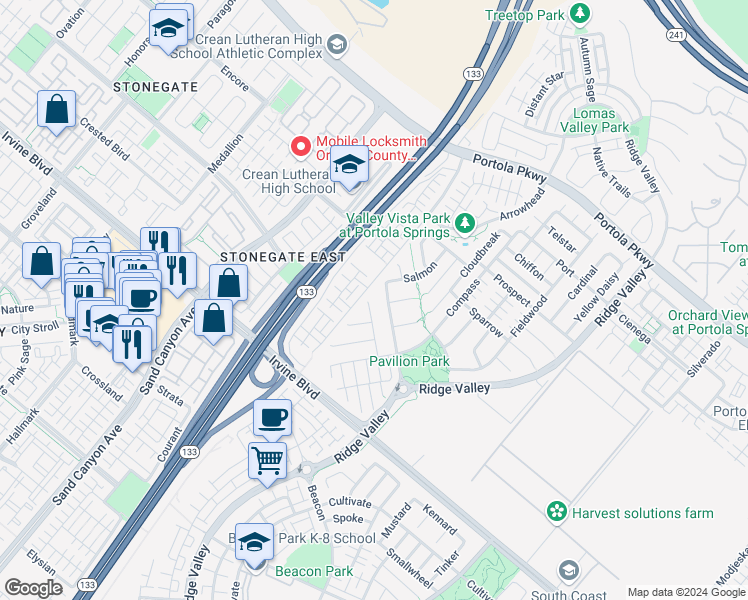 map of restaurants, bars, coffee shops, grocery stores, and more near 163 Allium in Irvine