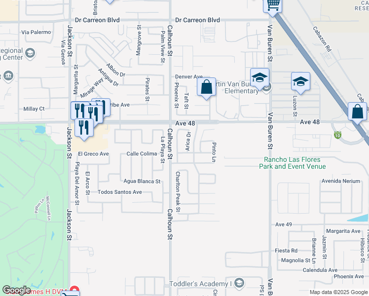 map of restaurants, bars, coffee shops, grocery stores, and more near 48257 Arica Drive in Coachella