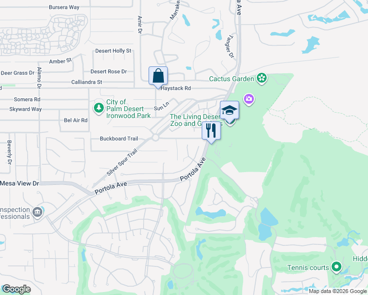 map of restaurants, bars, coffee shops, grocery stores, and more near 48165 Alder Lane in Palm Desert