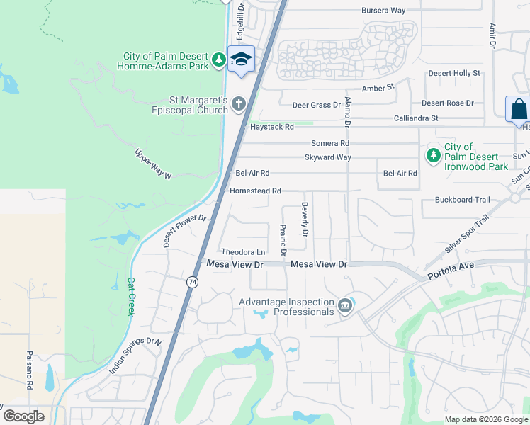map of restaurants, bars, coffee shops, grocery stores, and more near 48100 Ocotillo Drive in Palm Desert