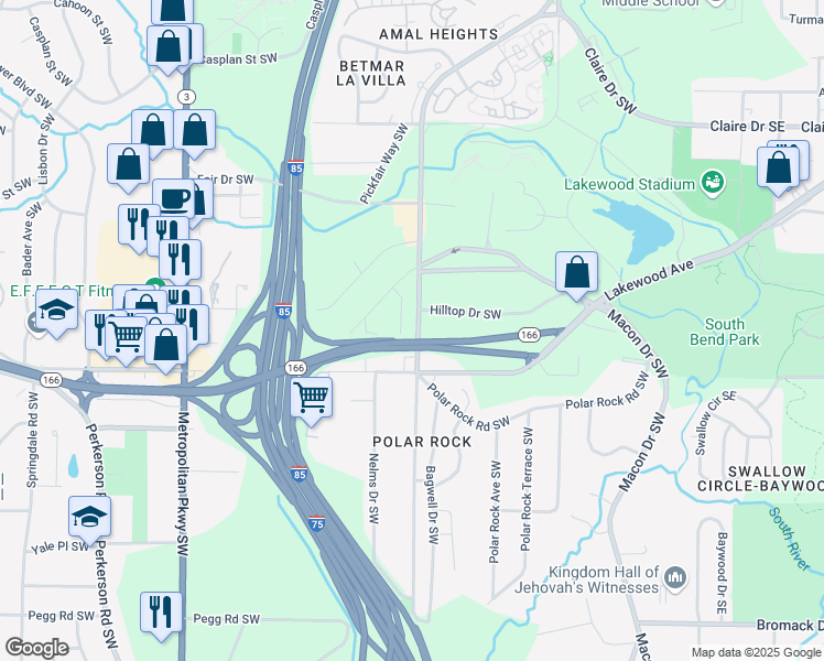map of restaurants, bars, coffee shops, grocery stores, and more near 2041 Pryor Road Southwest in Atlanta