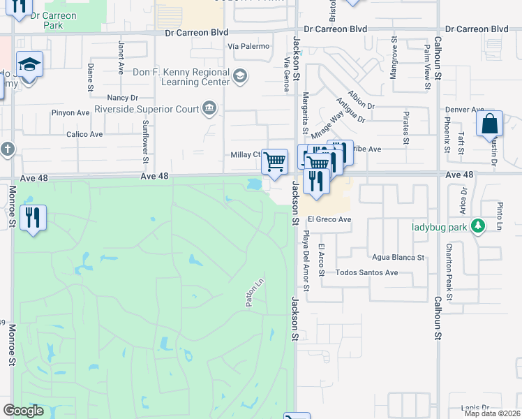 map of restaurants, bars, coffee shops, grocery stores, and more near 82908 Davis Drive in Indio