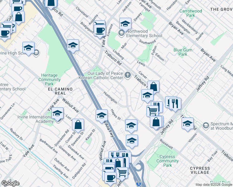 map of restaurants, bars, coffee shops, grocery stores, and more near 305 Huntington in Irvine