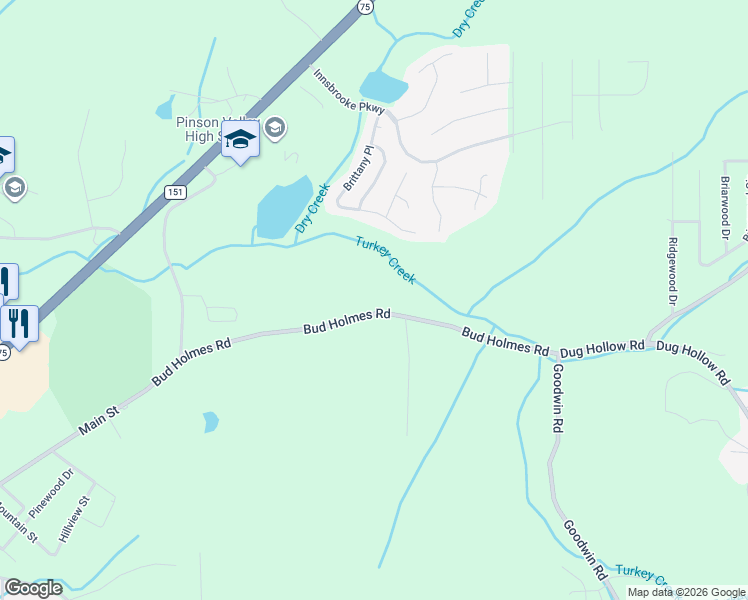 map of restaurants, bars, coffee shops, grocery stores, and more near 4850 Bud Holmes Road in Pinson