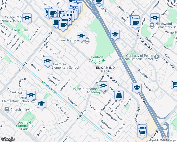 map of restaurants, bars, coffee shops, grocery stores, and more near 4522 Robinwood Circle in Irvine