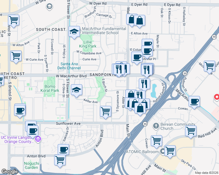 map of restaurants, bars, coffee shops, grocery stores, and more near 313 Orion Avenue in Santa Ana