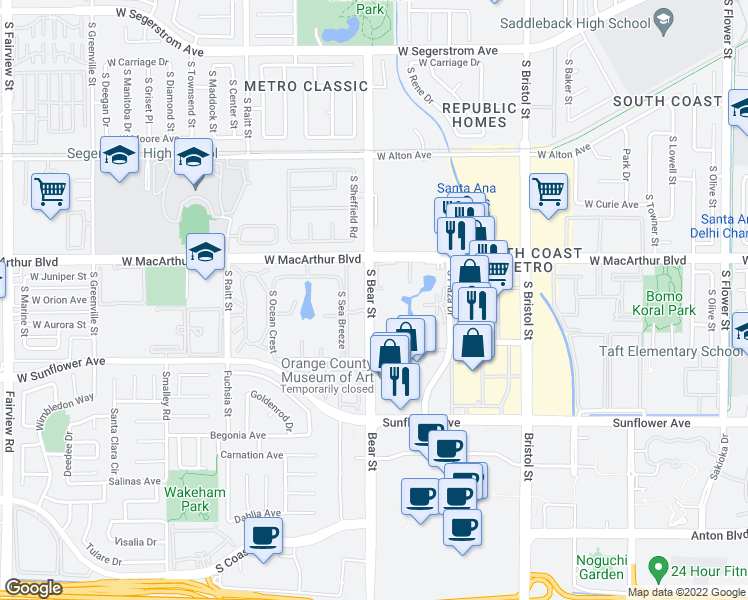 map of restaurants, bars, coffee shops, grocery stores, and more near 3640 South Bear Street in Santa Ana