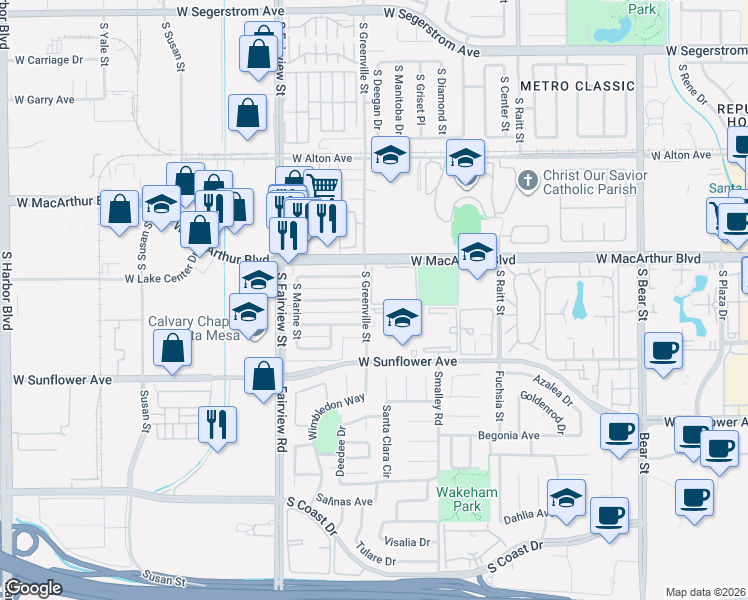 map of restaurants, bars, coffee shops, grocery stores, and more near 2528 West MacArthur Boulevard in Santa Ana