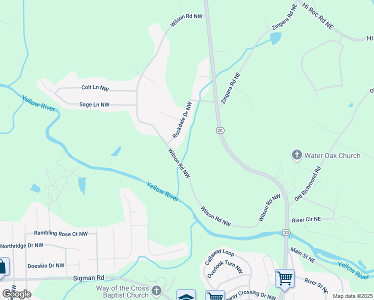 map of restaurants, bars, coffee shops, grocery stores, and more near 2069 Wilson Road Northwest in Conyers