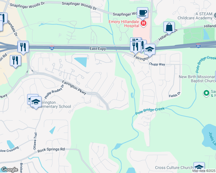 map of restaurants, bars, coffee shops, grocery stores, and more near 6101 Fairington Ridge Circle in Stonecrest