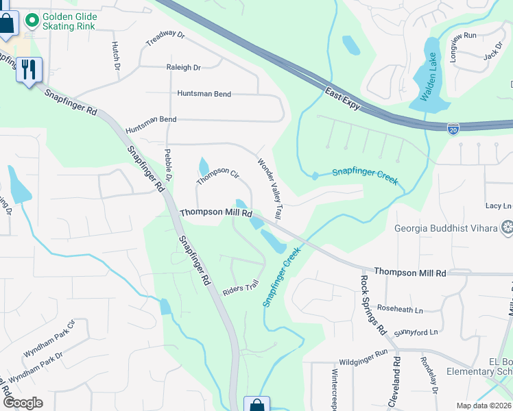 map of restaurants, bars, coffee shops, grocery stores, and more near 4679 Wonder Valley Trail in Decatur