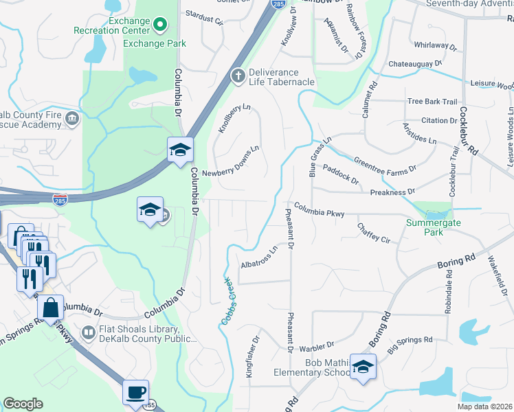 map of restaurants, bars, coffee shops, grocery stores, and more near 3453 Columbia Parkway in Decatur