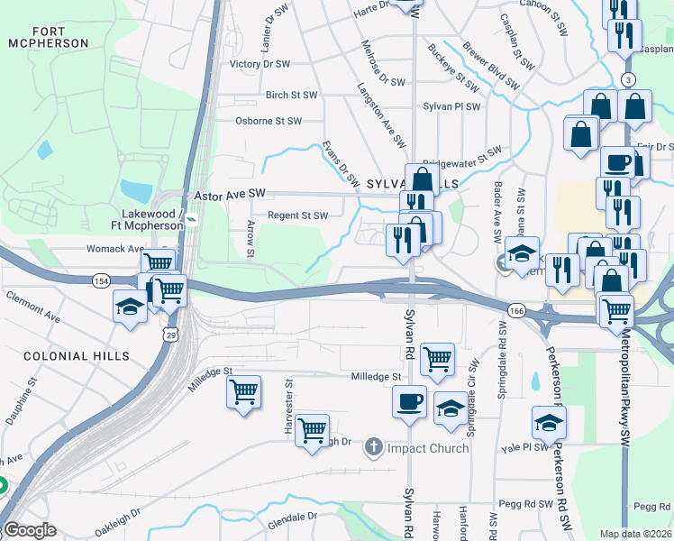 map of restaurants, bars, coffee shops, grocery stores, and more near 987 Estes Drive Southwest in Atlanta