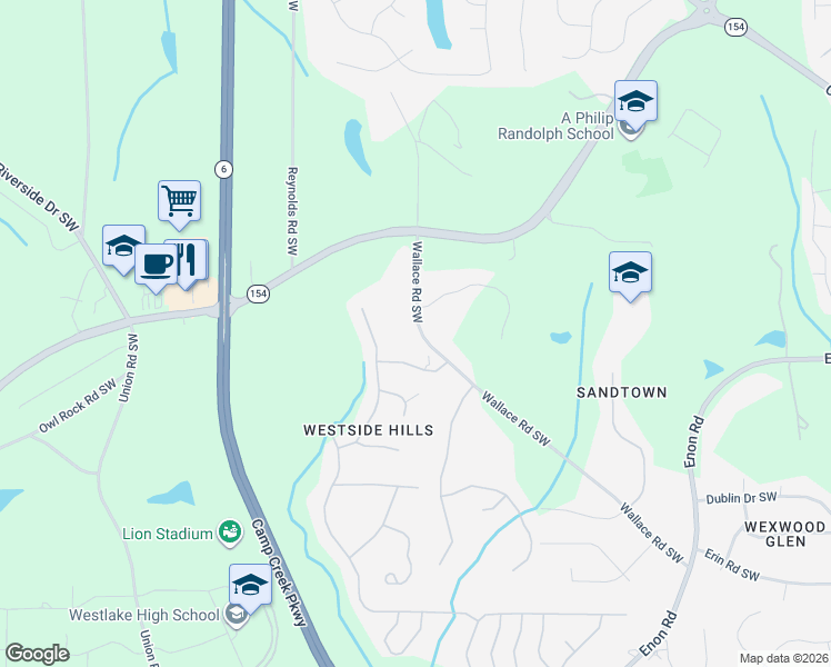 map of restaurants, bars, coffee shops, grocery stores, and more near 2045 Wallace Road Southwest in Atlanta