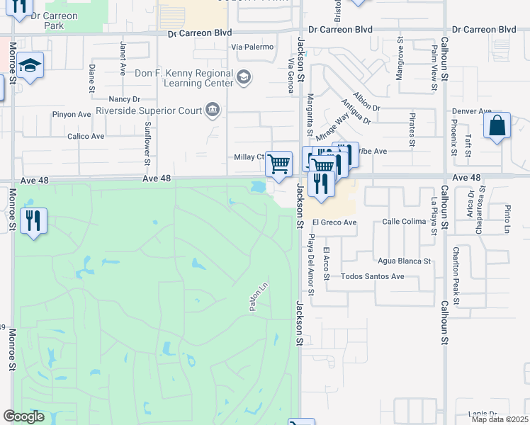 map of restaurants, bars, coffee shops, grocery stores, and more near 82908 Davis Drive in Indio