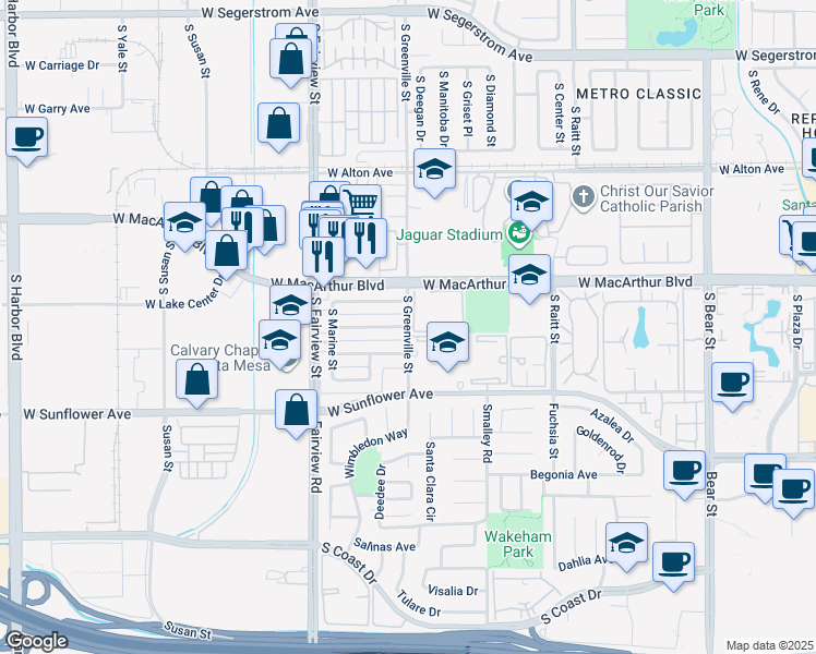 map of restaurants, bars, coffee shops, grocery stores, and more near West Orion Avenue in Santa Ana