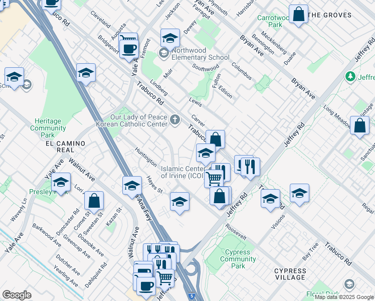 map of restaurants, bars, coffee shops, grocery stores, and more near 15 Ericson Aisle in Irvine