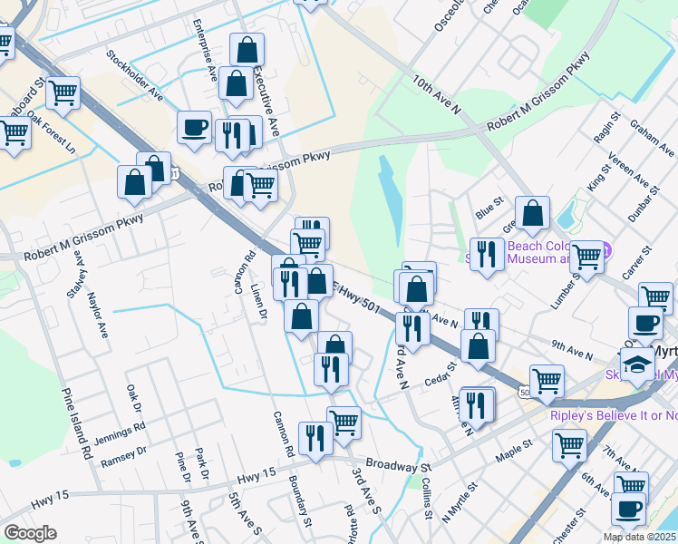 map of restaurants, bars, coffee shops, grocery stores, and more near 1320 U.S. 501 in Myrtle Beach