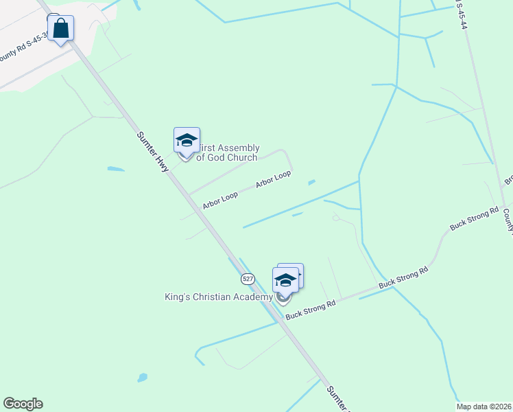 map of restaurants, bars, coffee shops, grocery stores, and more near 121 Arbor Loop in Kingstree