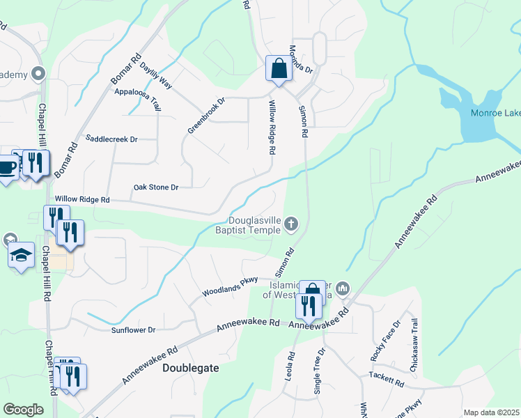 map of restaurants, bars, coffee shops, grocery stores, and more near 4818 Corrol Bell Court in Douglasville