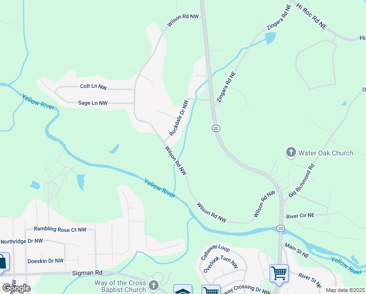 map of restaurants, bars, coffee shops, grocery stores, and more near 2069 Wilson Road Northwest in Conyers