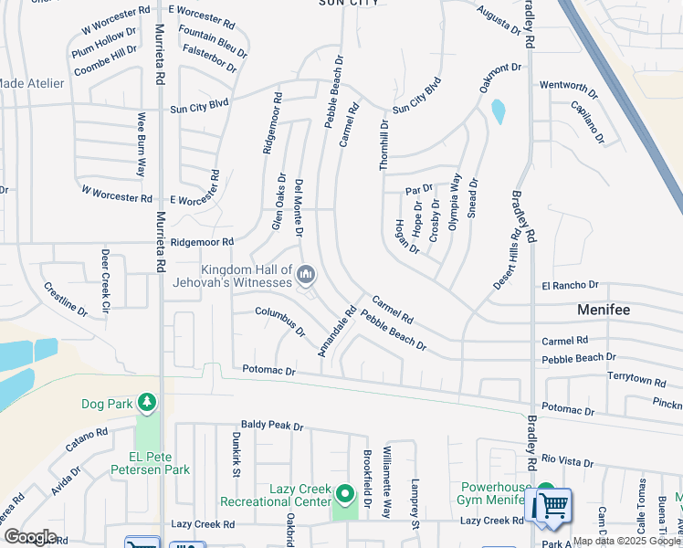 map of restaurants, bars, coffee shops, grocery stores, and more near 29093 Carmel Road in Menifee
