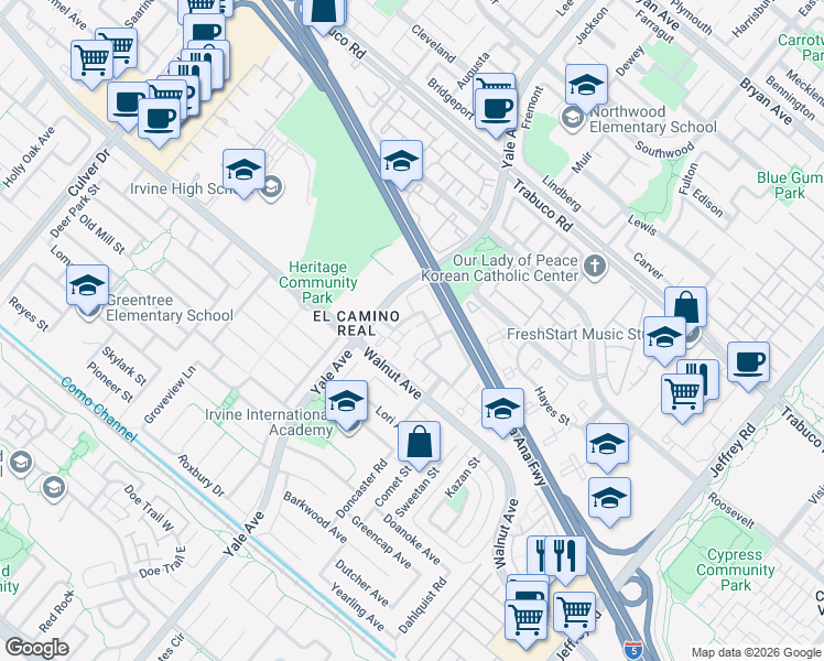 map of restaurants, bars, coffee shops, grocery stores, and more near 1 Cheyenne in Irvine
