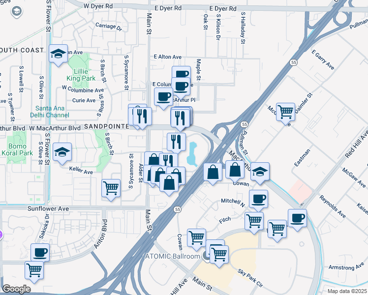 map of restaurants, bars, coffee shops, grocery stores, and more near 9 Mac Arthur Place in Santa Ana