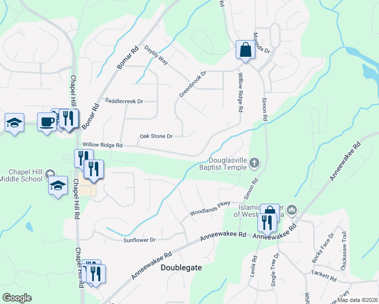 map of restaurants, bars, coffee shops, grocery stores, and more near 4030 Oak Stone Drive in Douglasville