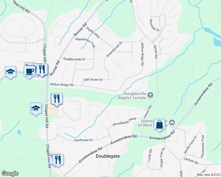 map of restaurants, bars, coffee shops, grocery stores, and more near 4030 Willow Ridge Road in Douglasville