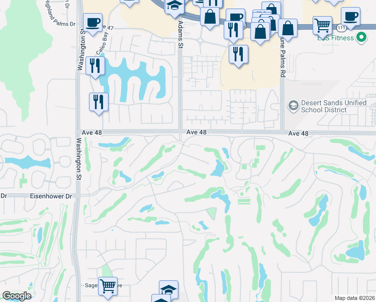 map of restaurants, bars, coffee shops, grocery stores, and more near 79015 Vía San Clara in La Quinta