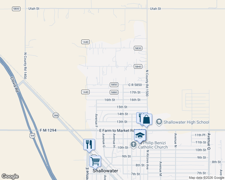 map of restaurants, bars, coffee shops, grocery stores, and more near 8101-8299 C R 5850 in Shallowater